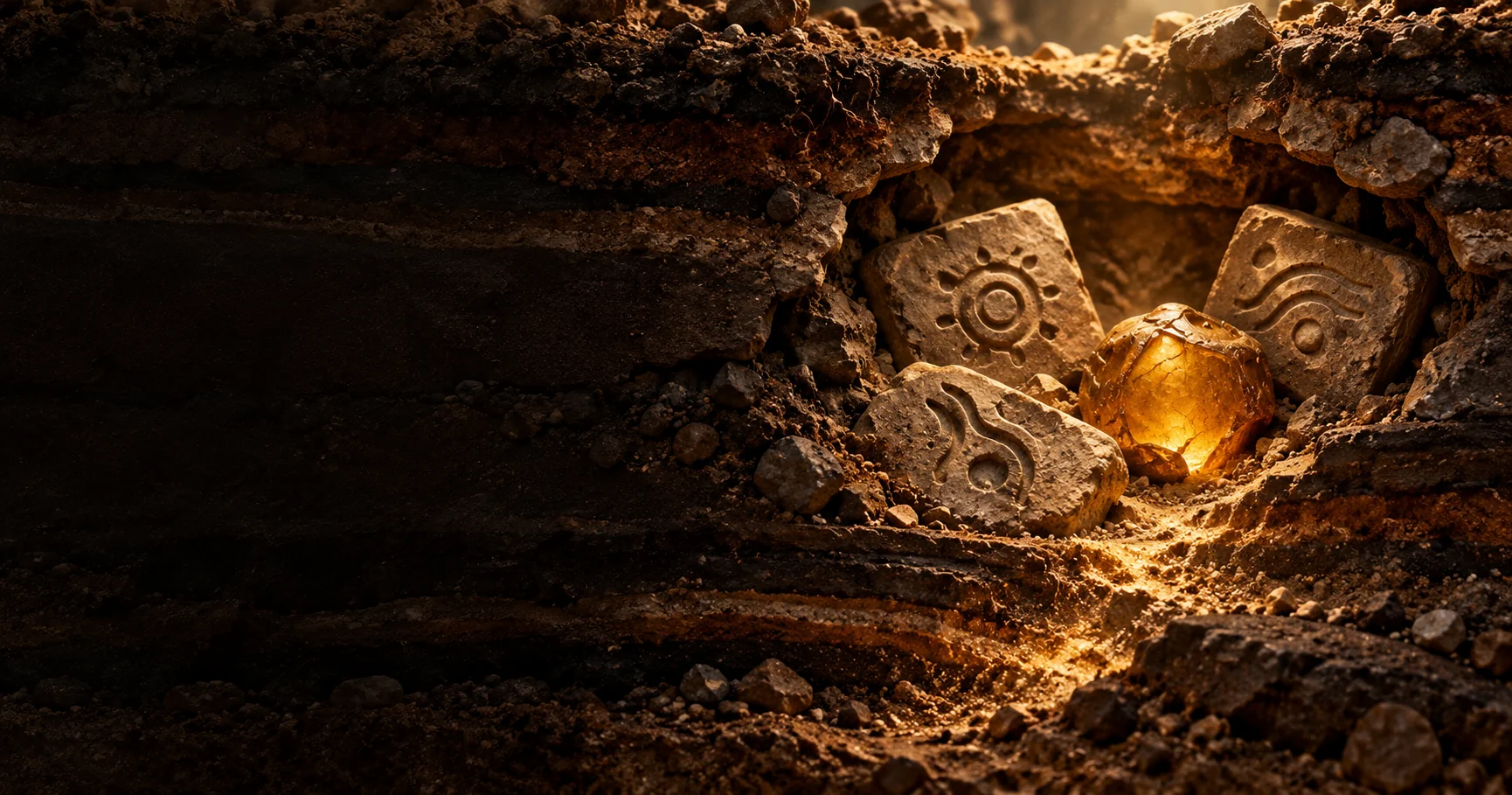 Warm light falling over carved word stones in a deep archaeological dig